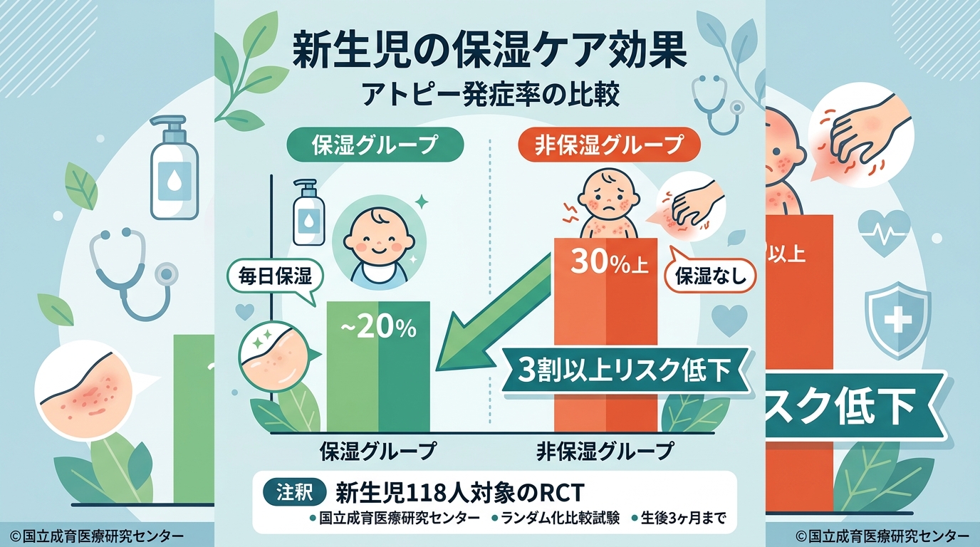 国立成育医療研究センターの研究結果を示す棒グラフ風インフォグラフィック。「保湿グループ」と「非保湿グループ」のアトピー発症率を比較。「3割以上リスク低下」の日本...