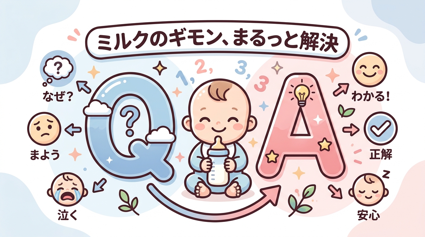 Q&aセクションのアイコンイラスト。大きな「q」と「a」の文字と、哺乳瓶を持つ赤ちゃんのかわいいイラスト。日本語で「ミルクのギモン、まるっと解決」のラベル。画像...