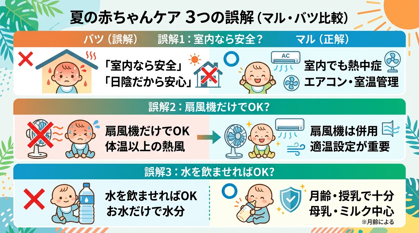 夏の赤ちゃんケアでやりがちな誤解3つを「マル・バツ」形式で比較した図。「誤解1:室内なら安全→室内でも熱中症になる」「誤解2:扇風機だけでok→体温以上の熱風は...