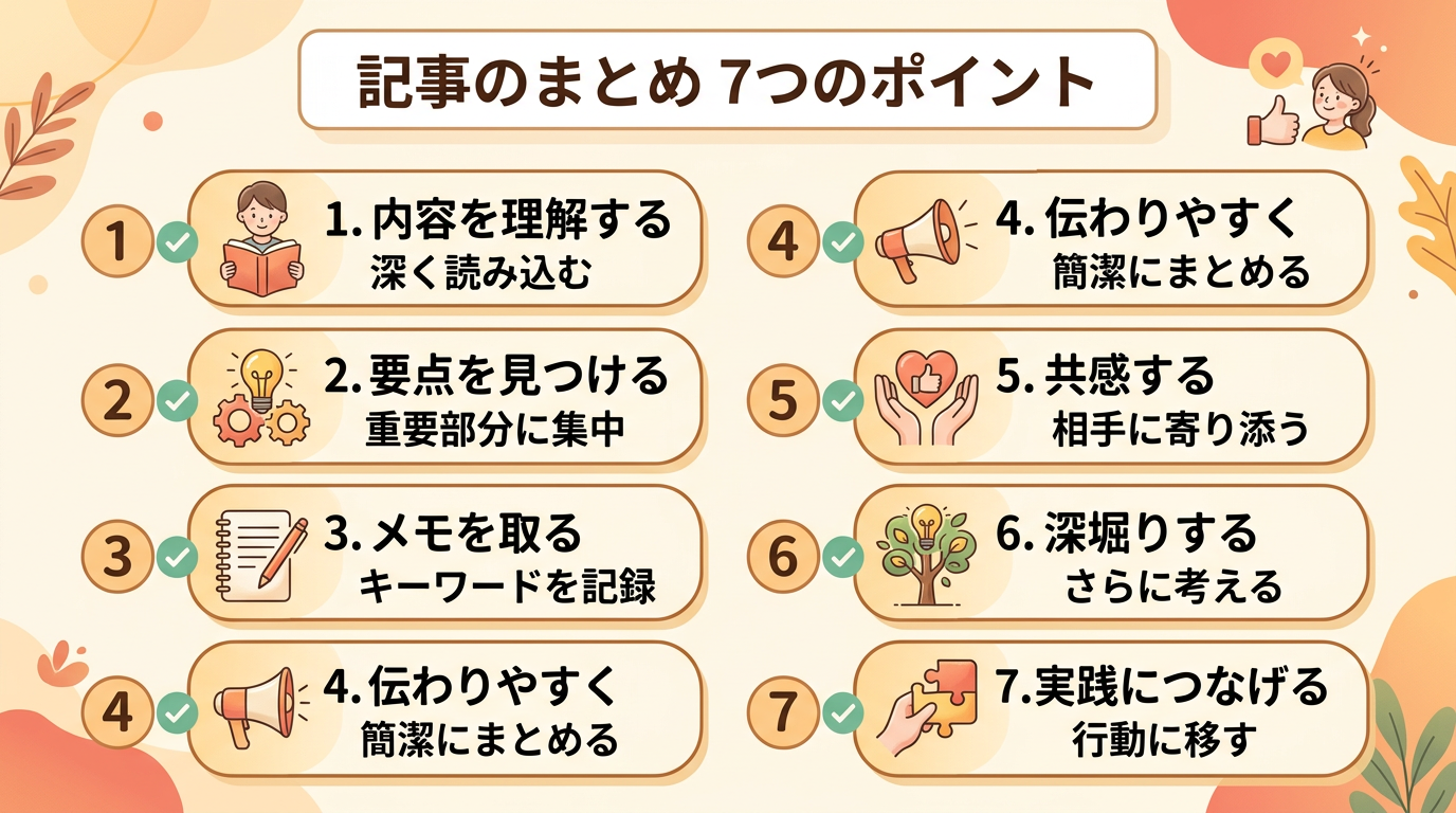記事のまとめ7項目を番号付きリストで並べた、チェックリスト風のインフォグラフィック。暖色系の優しいデザイン。画像内のすべてのテキスト・ラベル・見出しは自然な日本...