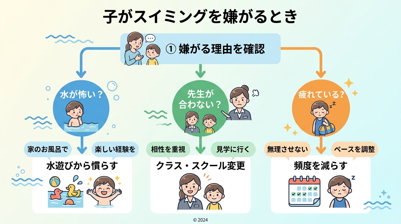 子供がスイミングを嫌がるときの対処フローチャート。「嫌がる理由を確認」→「水が怖い？」「先生が合わない？」「疲れている？」の3分岐。それぞれ「水遊びから慣らす」...