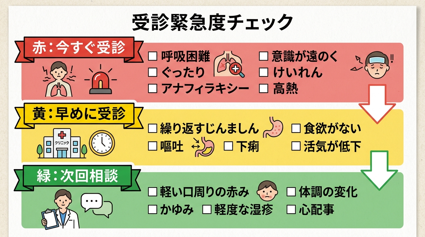 受診の緊急度を3段階で示したチェックリスト形式の図。赤「今すぐ受診（呼吸困難・ぐったり・アナフィラキシー）」、黄「早めに受診（繰り返すじんましん・嘔吐）」、緑「...
