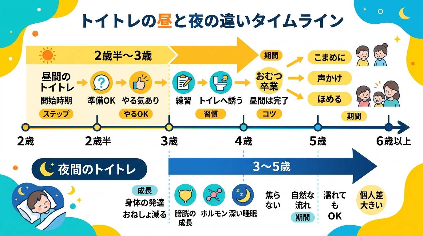昼間と夜間のトイトレの違いを示すタイムライン。昼間(2歳半〜3歳から)→夜間(3〜5歳から)という開始時期のズレを視覚化。画像内のすべてのテキスト・ラベル・見出...