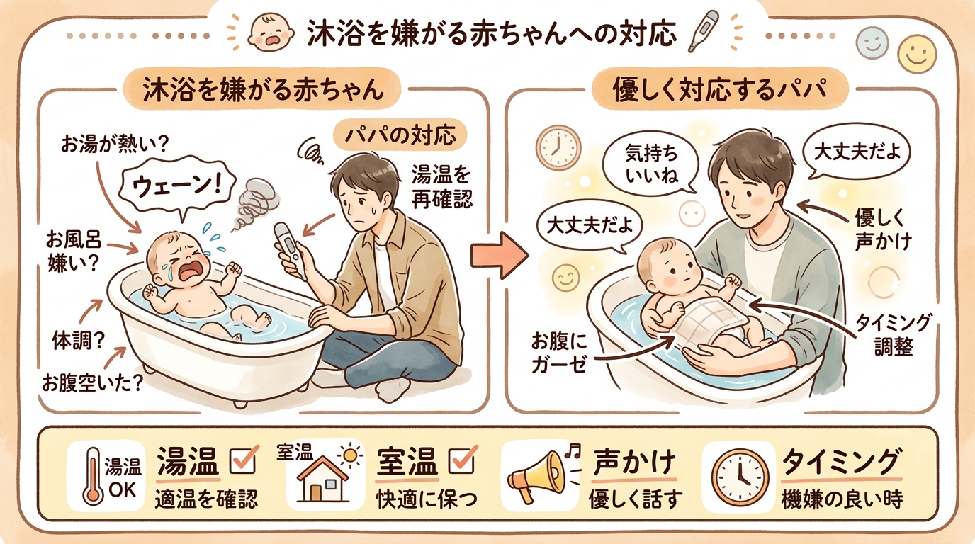 沐浴を嫌がる赤ちゃんと対応するパパの場面イラスト。左パネル：泣いている赤ちゃんと、湯温計を確認し直しているパパ。右パネル：ガーゼをお腹にかけて優しく声かけしなが...