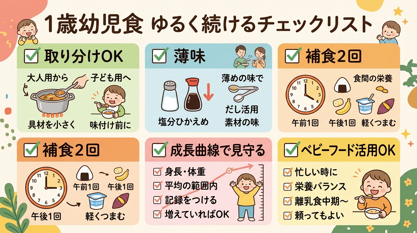 1歳幼児食の「ゆるく続ける」ためのチェックリストインフォグラフィック。「取り分けok」「薄味」「補食2回」「成長曲線で見守る」「ベビーフード活用ok」の5つのチ...