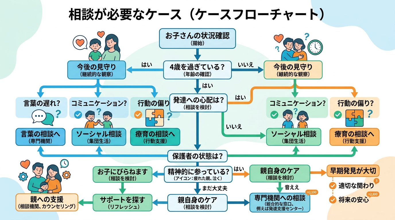 相談が必要なケースを示すフローチャート。4歳を過ぎている、発達に心配がある、精神的に参っているなどの分岐。画像内のすべてのテキスト・ラベル・見出しは自然な日本語...