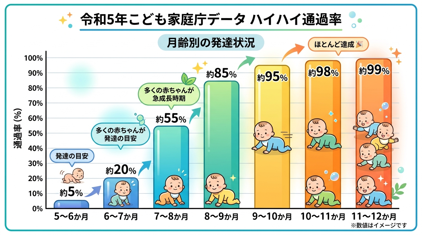 令和5年こども家庭庁データをもとにしたハイハイ通過率の月齢別棒グラフの図解。横軸に5〜6か月から11〜12か月までの月齢区分、縦軸に通過率パーセンテージ。各バー...