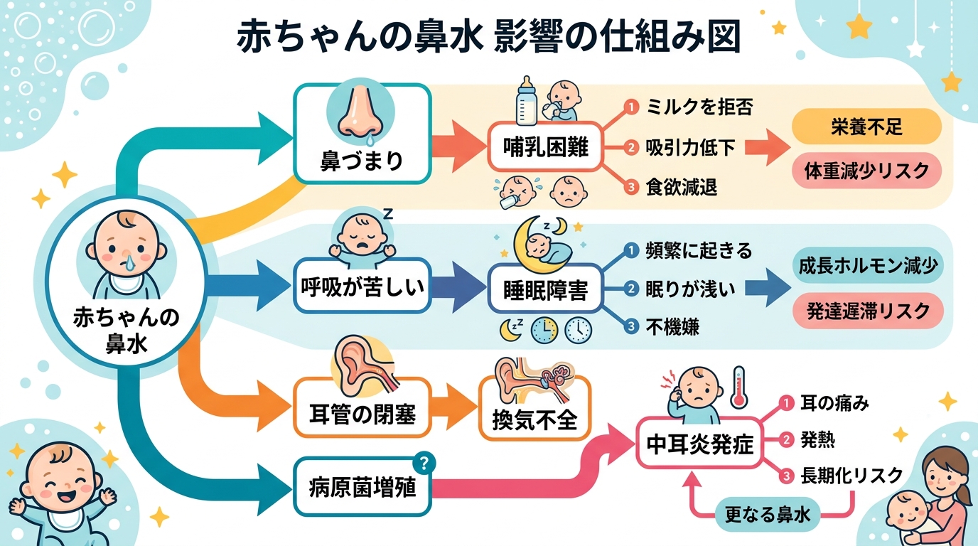 赤ちゃんの鼻水が哺乳・睡眠・中耳炎リスクに影響する仕組みを矢印で示した因果関係図。画像内のすべてのテキスト・ラベル・見出しは自然な日本語で書くこと。ただしツール...