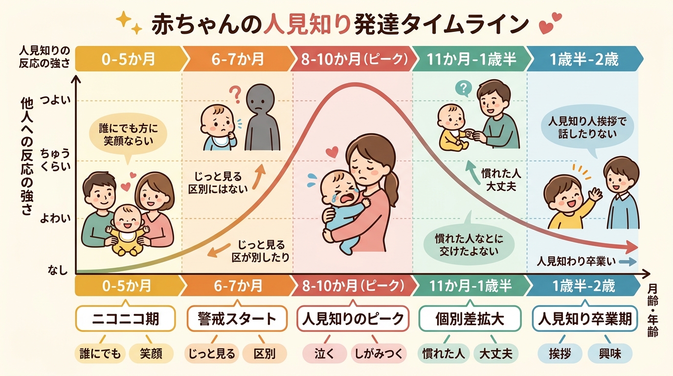 赤ちゃんの人見知り月齢別タイムライン図。横軸に「0-5か月」「6-7か月」「8-10か月（ピーク）」「11か月-1歳半」「1歳半-2歳」の5段階、縦に「他人への...