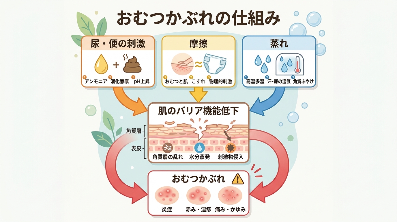 おむつかぶれの発生メカニズム図解。「尿・便の刺激」「摩擦」「蒸れ」の3要因が矢印で「肌のバリア機能低下」につながる構造図。日本語ラベル付き。画像内のすべてのテキ...