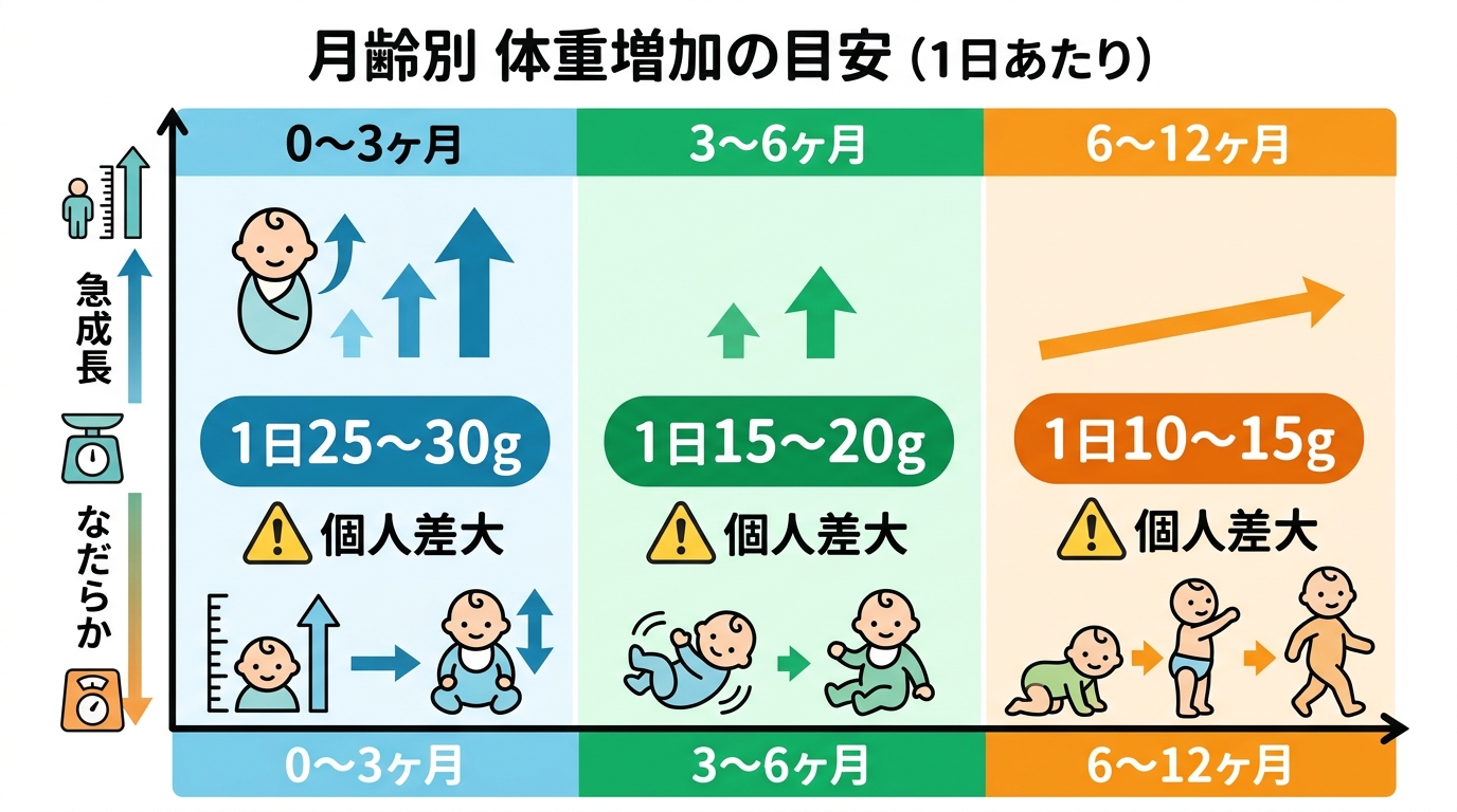 月齢別体重増加の目安を示すタイムライン図（16:9）。横軸に「0〜3ヶ月」「3〜6ヶ月」「6〜12ヶ月」の3セクション、縦軸にスケールアイコン。各セクションに日...