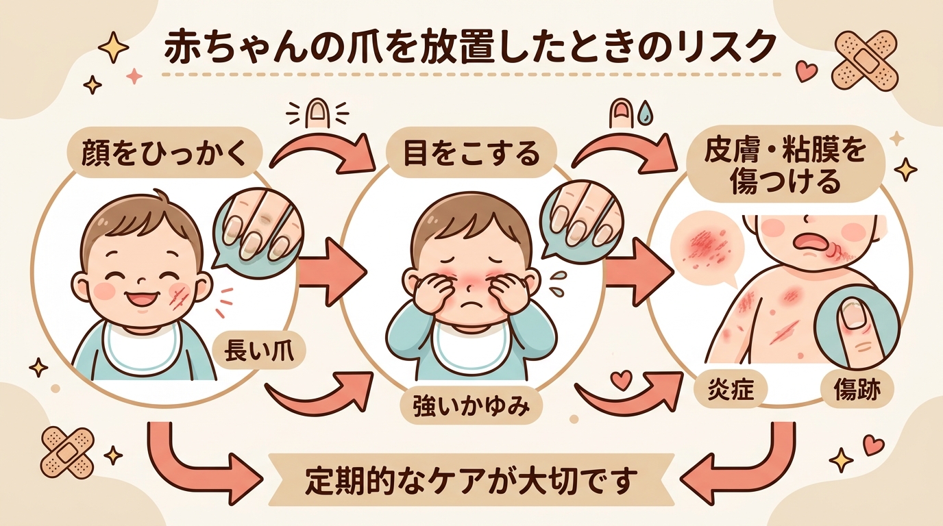 赤ちゃんの爪を放置したときのリスクを示すイラスト図。「顔をひっかく」「目をこする」「皮膚や粘膜を傷つける」の3つを矢印でつなぐ構造。各項目に日本語ラベルと赤ちゃ...