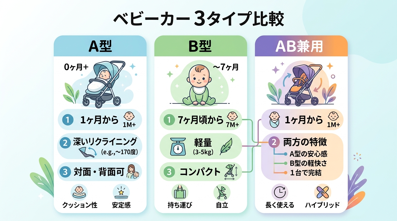 A型・b型・ab兼用の3タイプ比較図。a型は「1ヶ月から・リクライニング深い・対面式可」、b型は「7ヶ月頃から・軽量コンパクト」、ab兼用は「1ヶ月から・両方の...