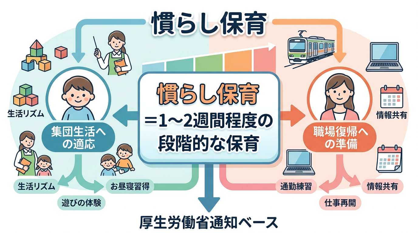慣らし保育の概念図。中央に「慣らし保育＝1〜2週間程度の段階的な保育」と日本語で大きく表示し、左右に2つの目的アイコンを配置（左：子どものイラスト＋「集団生活へ...