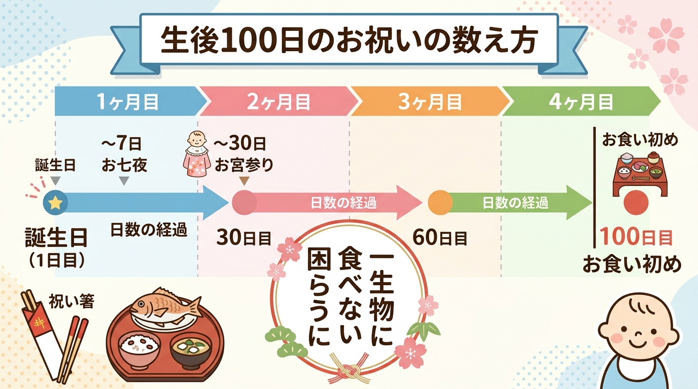 生後100日目の数え方を示すカレンダー風タイムライン図。横軸に「誕生日（1日目）」から「100日目」までを月ごとに区切り、矢印で日数の進み方を視覚化。中央に「一...
