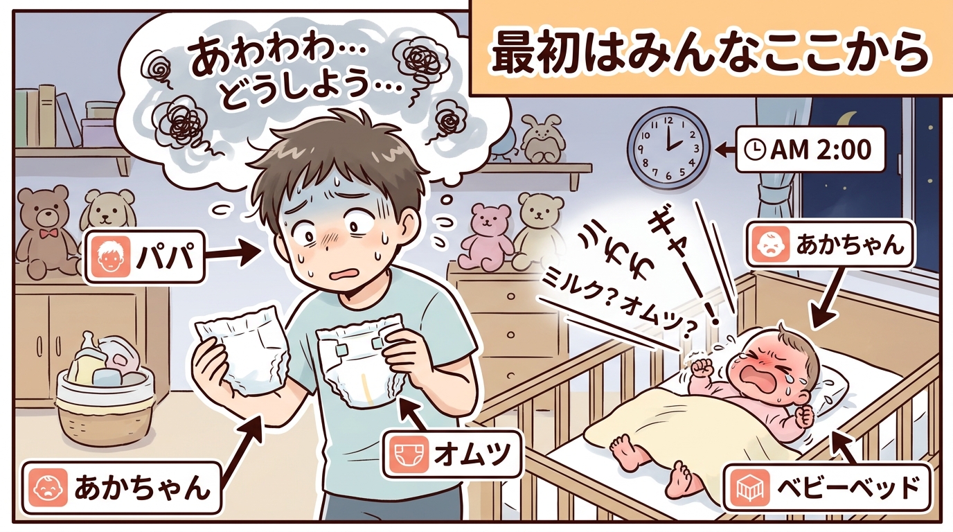 戸惑った表情の父親が、泣いている新生児の前でオムツを片手に立ち尽くしている様子と、その横に「最初はみんなここから」というやさしいテキストラベルを添えた漫画調のシ...