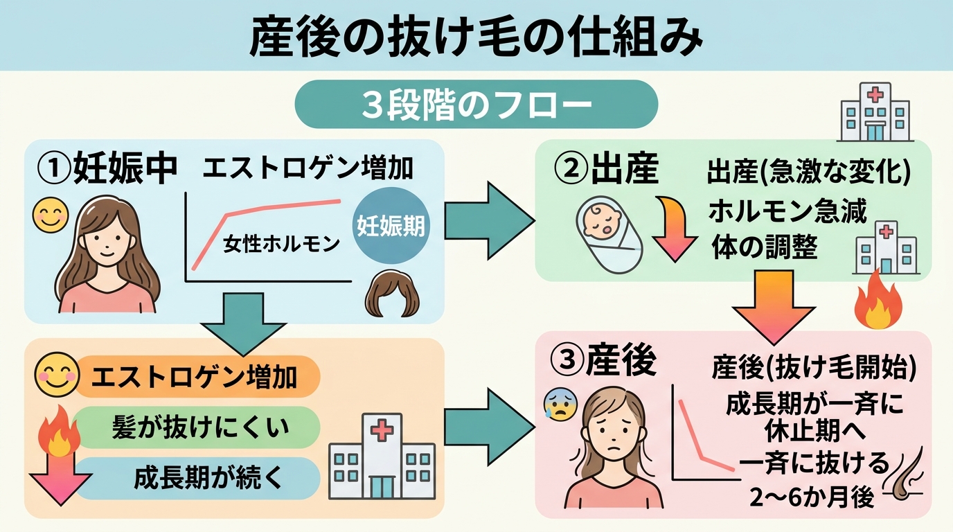 産後の抜け毛の仕組みを示す図解。妊娠中(女性ホルモン高い→髪が抜けにくい)→出産(ホルモン急減)→産後(成長期の髪が一斉に休止期へ→抜け落ちる)という3段階のフ...