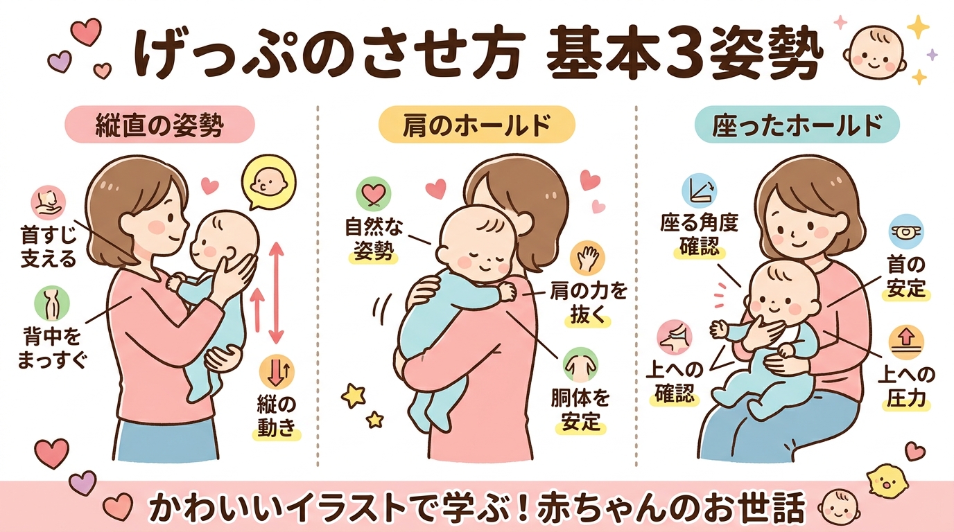 げっぷのさせ方の基本3姿勢を横並びで比較する図解イラスト。左に縦抱き姿勢、中央に肩に乗せる姿勢、右に座らせて支える姿勢のイラストを並べ、それぞれにポイントの吹き...