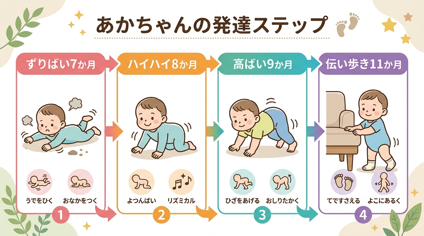 ずりばいからハイハイ、高ばい、伝い歩きまでの発達ステップ図解。各段階にイラストと月齢ラベル「ずりばい7か月」「ハイハイ8か月」「高ばい9か月」「伝い歩き11か月...