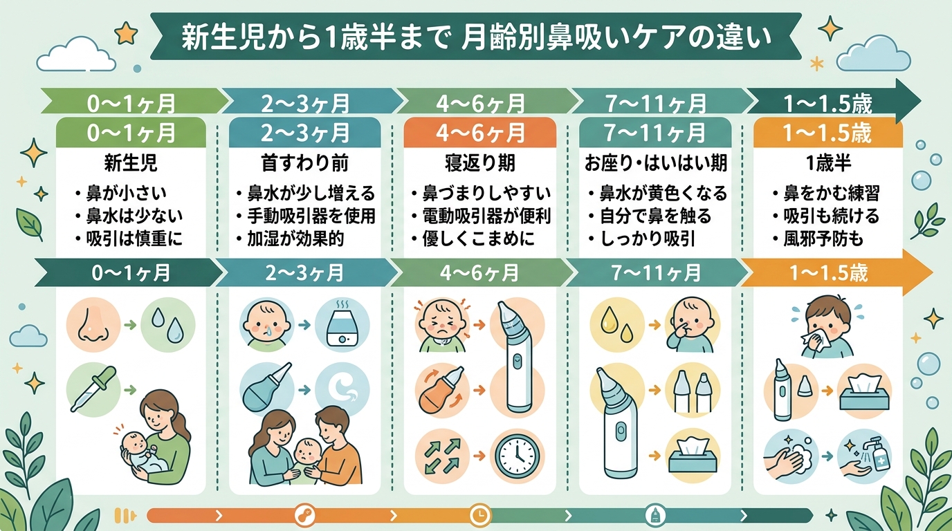 新生児から1歳半までの月齢別鼻吸いケアの違いを5段階で示したタイムライン図解。画像内のすべてのテキスト・ラベル・見出しは自然な日本語で書くこと。ただしツール名・...