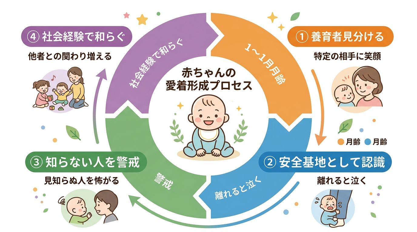 赤ちゃんの愛着形成プロセスの円形ステップ図。中央に赤ちゃんイラスト、その周囲を「①養育者を見分ける」「②安全基地として認識」「③知らない人を警戒」「④社会経験で...