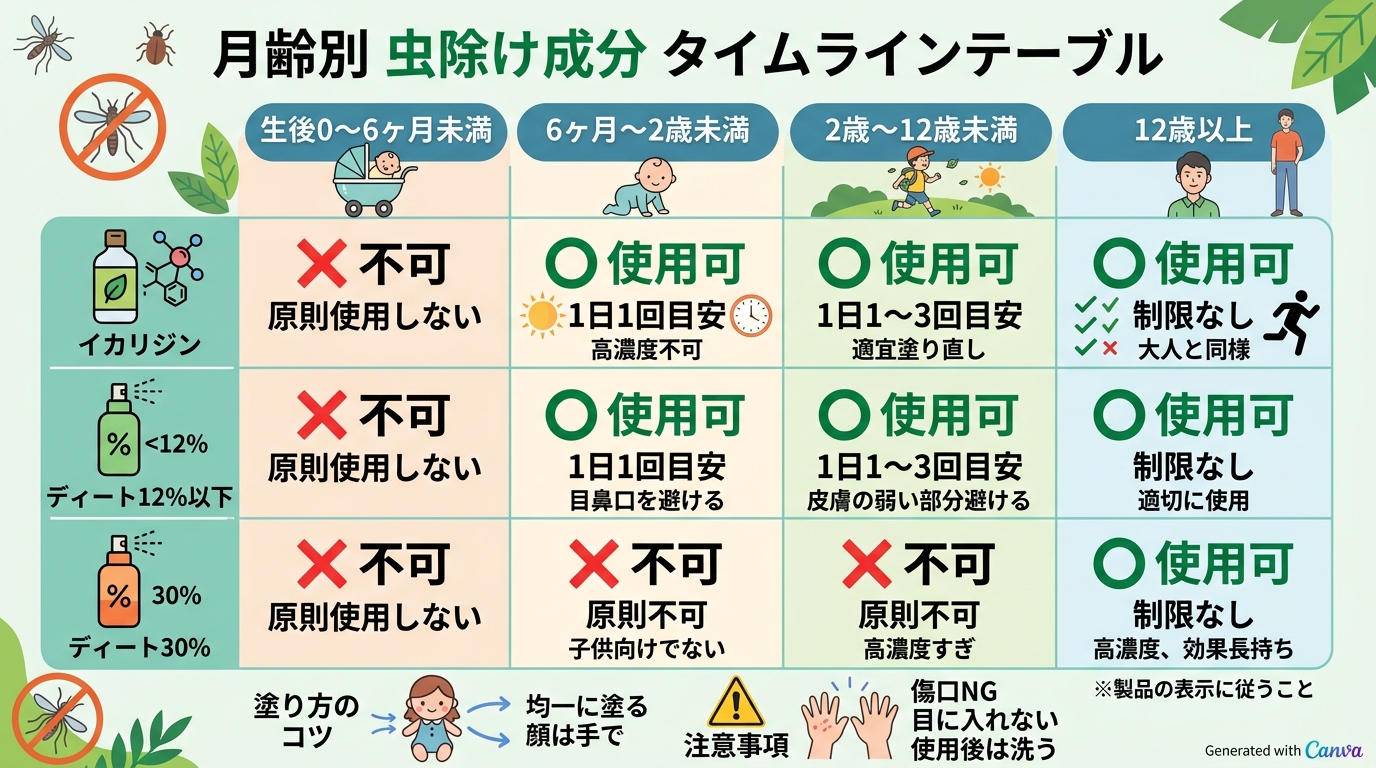 月齢別に使える虫除け成分のタイムラインテーブル。横軸を「生後0〜6ヶ月未満」「6ヶ月〜2歳未満」「2歳〜12歳未満」「12歳以上」の4区分にし、各区分に「イカリ...