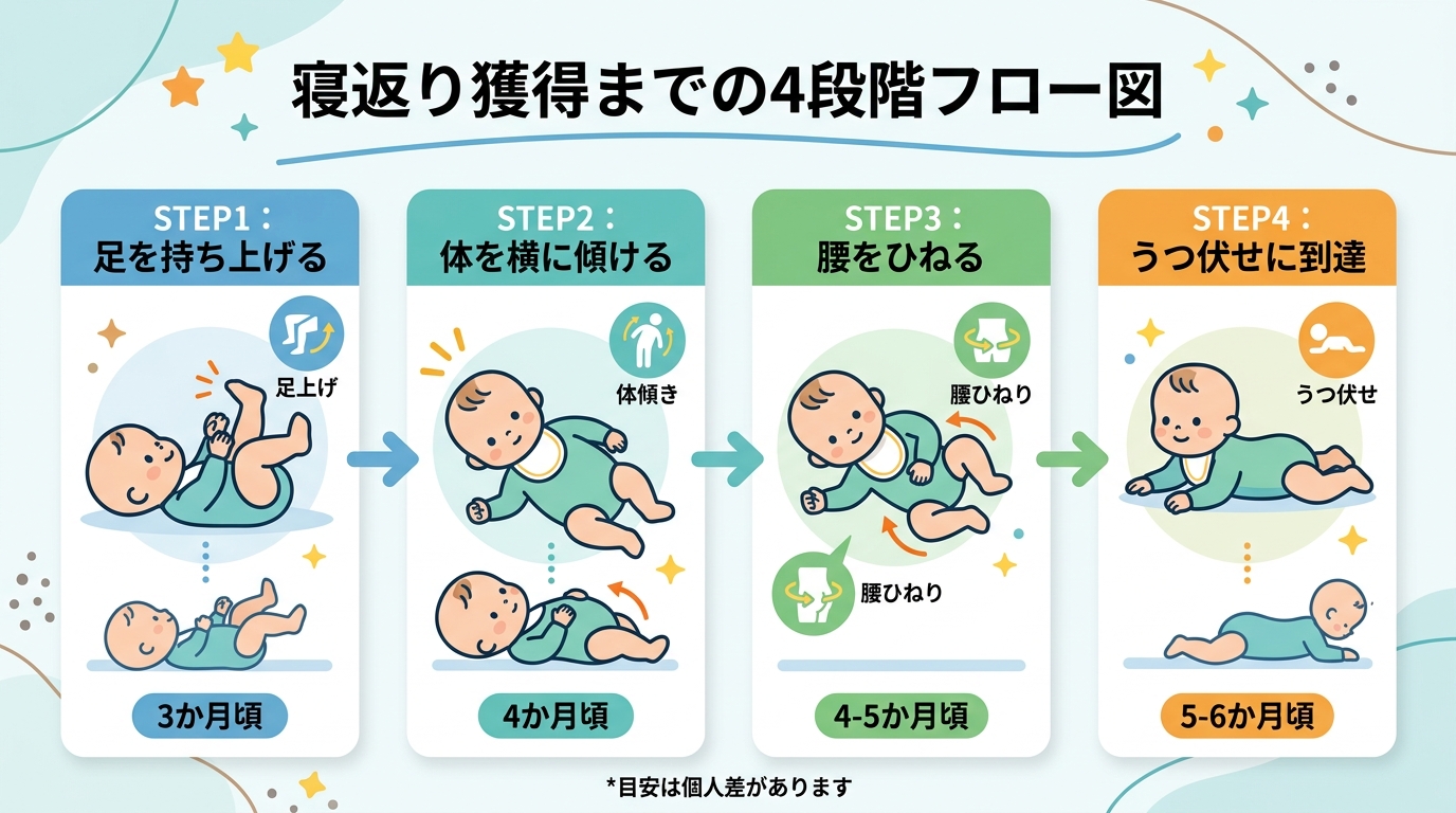 寝返り獲得までの4段階フロー図。「step1：足を持ち上げる」→「step2：体を横に傾ける」→「step3：腰をひねる」→「step4：うつ伏せに到達」の4ス...