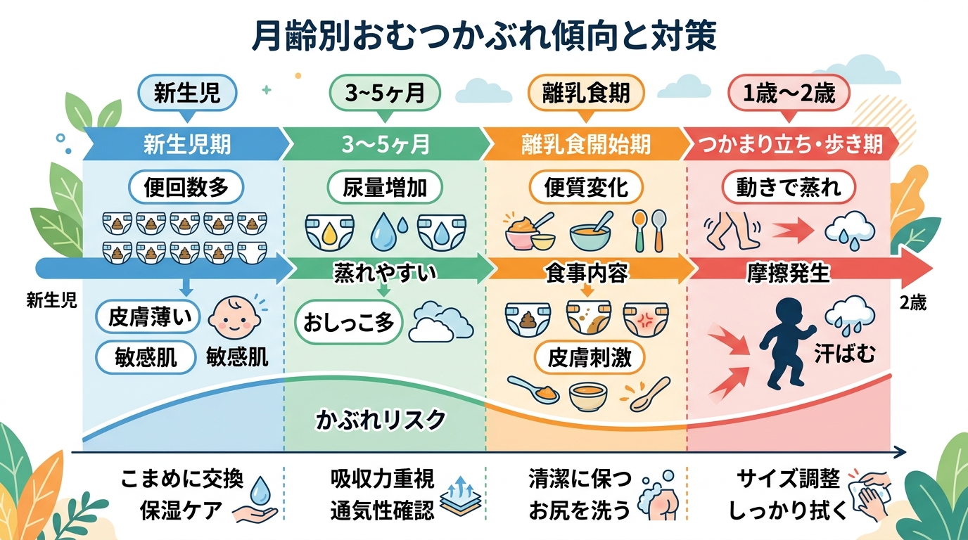 月齢別おむつかぶれ傾向のタイムライン図(横軸:新生児〜2歳)。「新生児期:便回数多」「3〜5ヶ月:尿量増加」「離乳食期:便質変化」「つかまり立ち期:動きで蒸れ」...