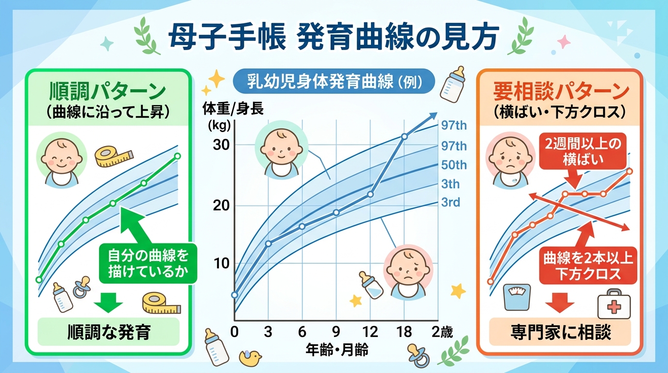 母子手帳の発育曲線の見方を示す図（16:9）。曲線グラフを中央に配置し、左に「順調パターン（曲線に沿って上昇）」、右に「要相談パターン（横ばい・下方クロス）」の...