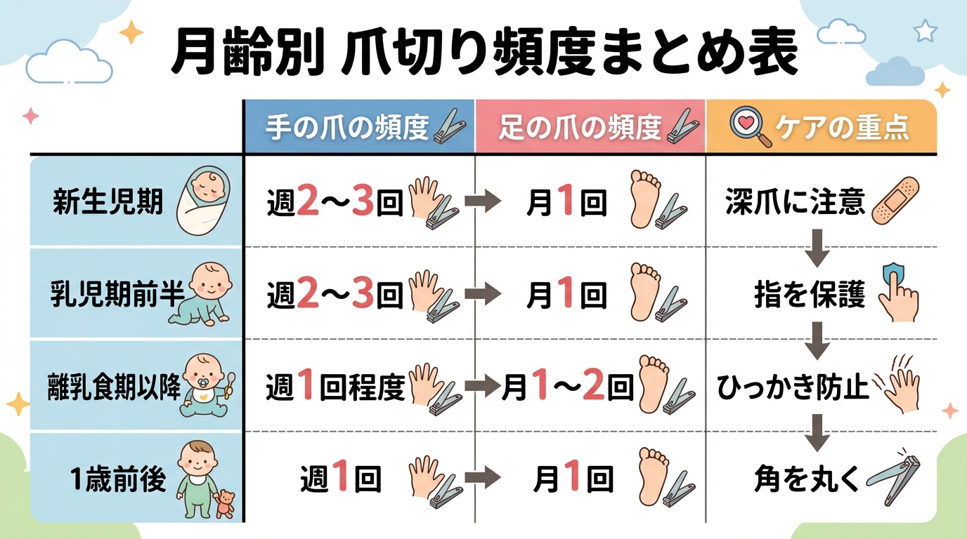 月齢別の爪切り頻度をまとめた表のイラスト。縦軸に「新生児期」「乳児期前半」「離乳食期以降」「1歳前後」、横軸に「手の爪の頻度」「足の爪の頻度」「ケアの重点」。各...