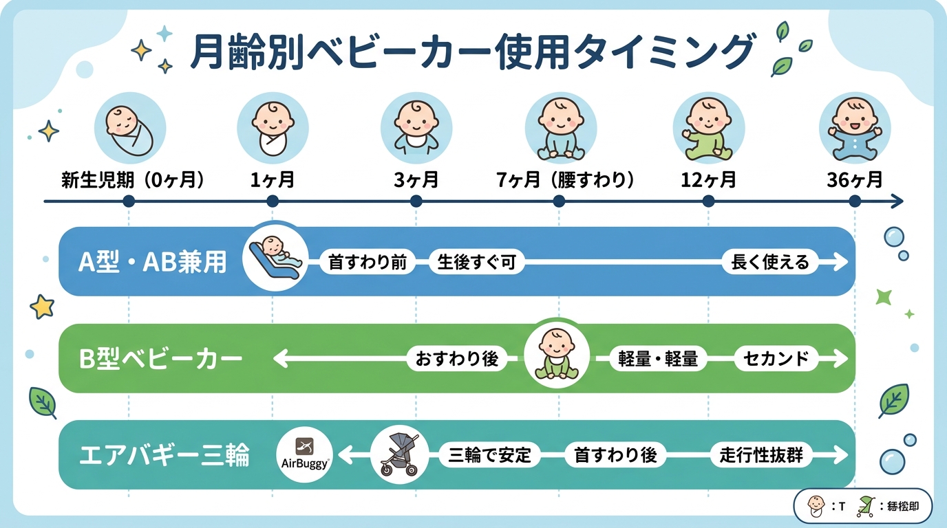 月齢別ベビーカー使用タイミングのタイムライン図。横軸に「新生児期（0ヶ月）」「1ヶ月」「7ヶ月（腰すわり）」「12ヶ月」「36ヶ月」を配置し、a型・ab兼用は1...