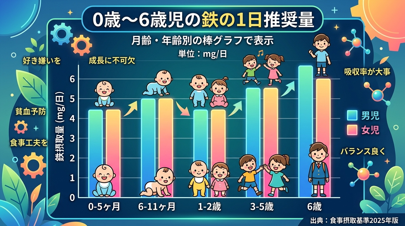 0歳から6歳までの鉄の1日推奨量を月齢・年齢別の棒グラフで表示するインフォグラフィック。男児・女児の色分け、単位mg/日、出典『食事摂取基準2025年版』を明記...