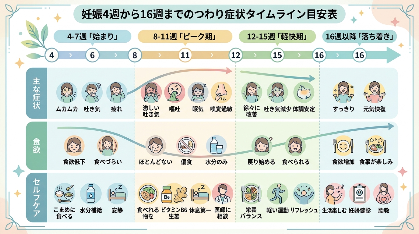 妊娠4週から16週までの週数別つわり症状の目安タイムライン表。横軸に妊娠週数（4-7週「始まり」、8-11週「ピーク期」、12-15週「軽快期」、16週以降「落...