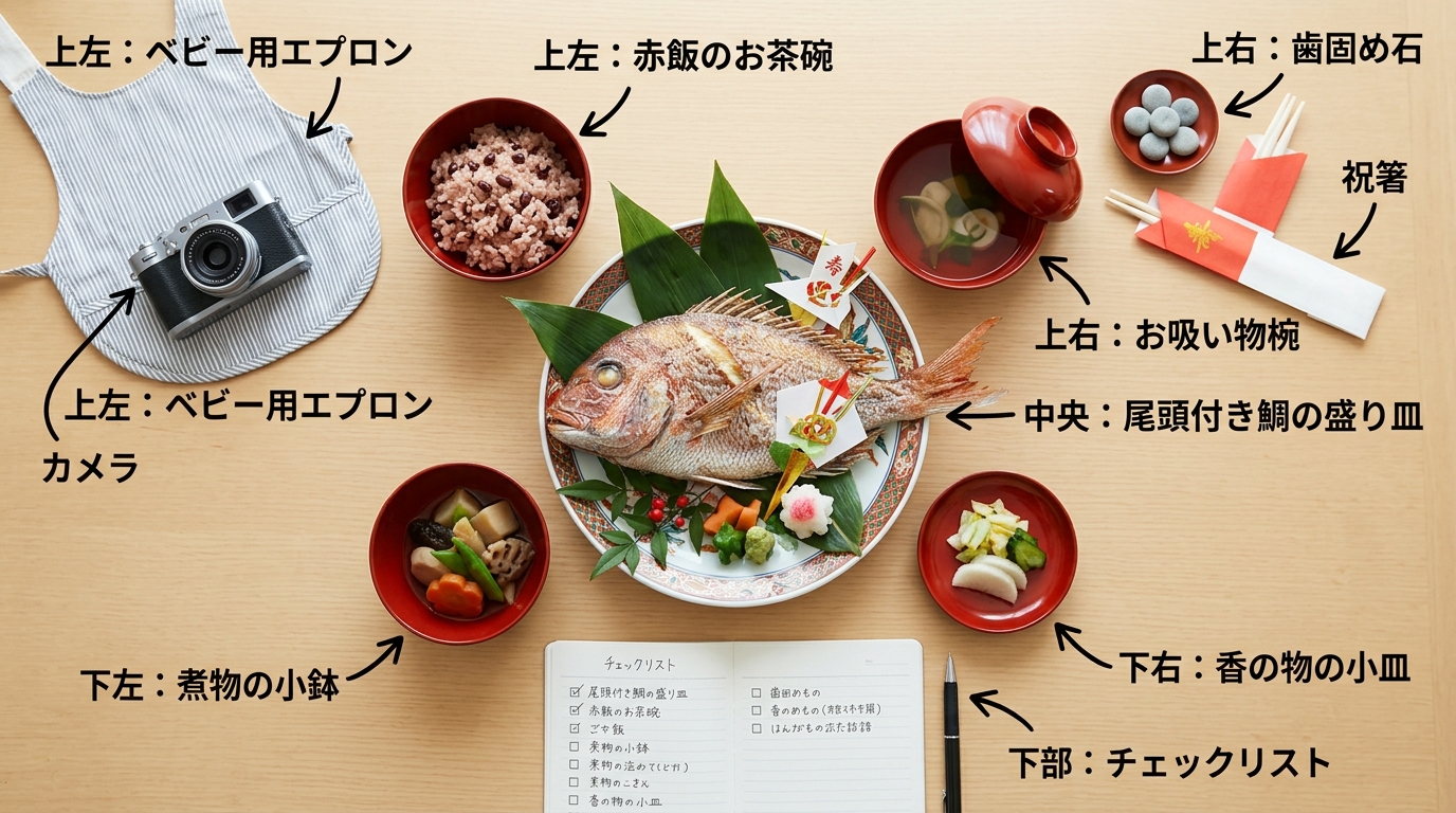 お食い初めの準備物を上から見たフラットレイ画像。中央に尾頭付き鯛の盛り皿、周囲に赤飯のお茶碗・お吸い物椀・煮物の小鉢・香の物の小皿を朱塗り漆器で配置。右上に歯固...