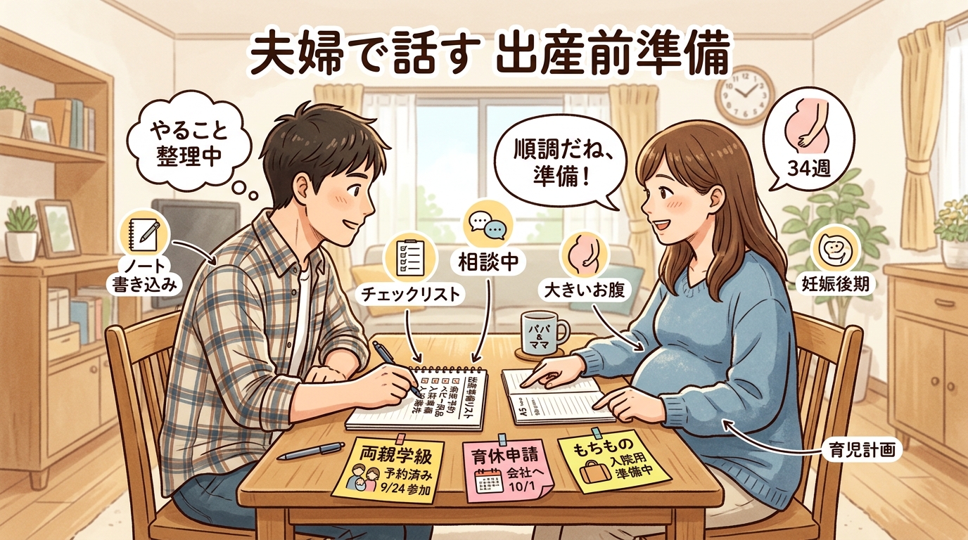 妊娠後期のお腹が大きい妻と、ノートにチェックリストを書き込んでいる夫がリビングテーブルで向き合いながら話し合っているシーン。テーブルには「両親学級」「育休申請」...