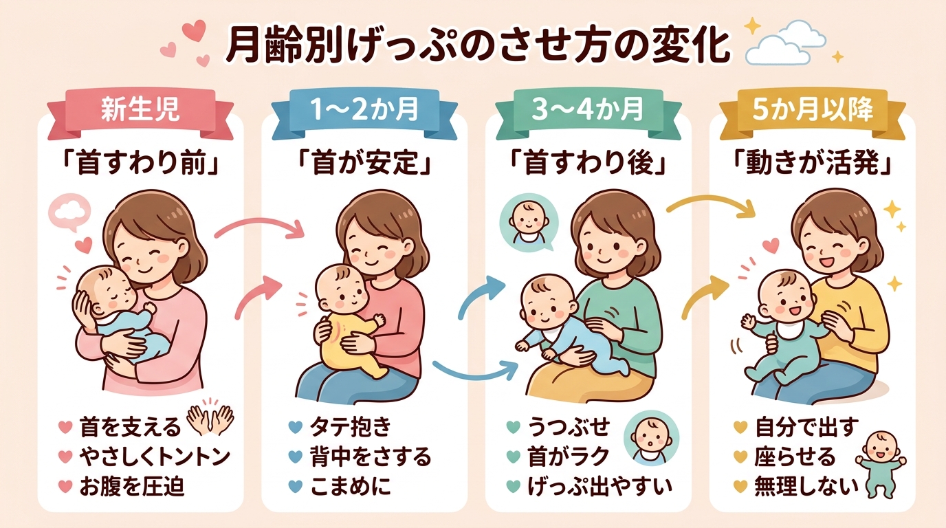 月齢別げっぷのさせ方の変化を表したタイムライン形式のイラスト。新生児・1〜2か月・3〜4か月・5か月以降の4段階を左から右へ並べ、各段階に赤ちゃんのかわいいイラ...