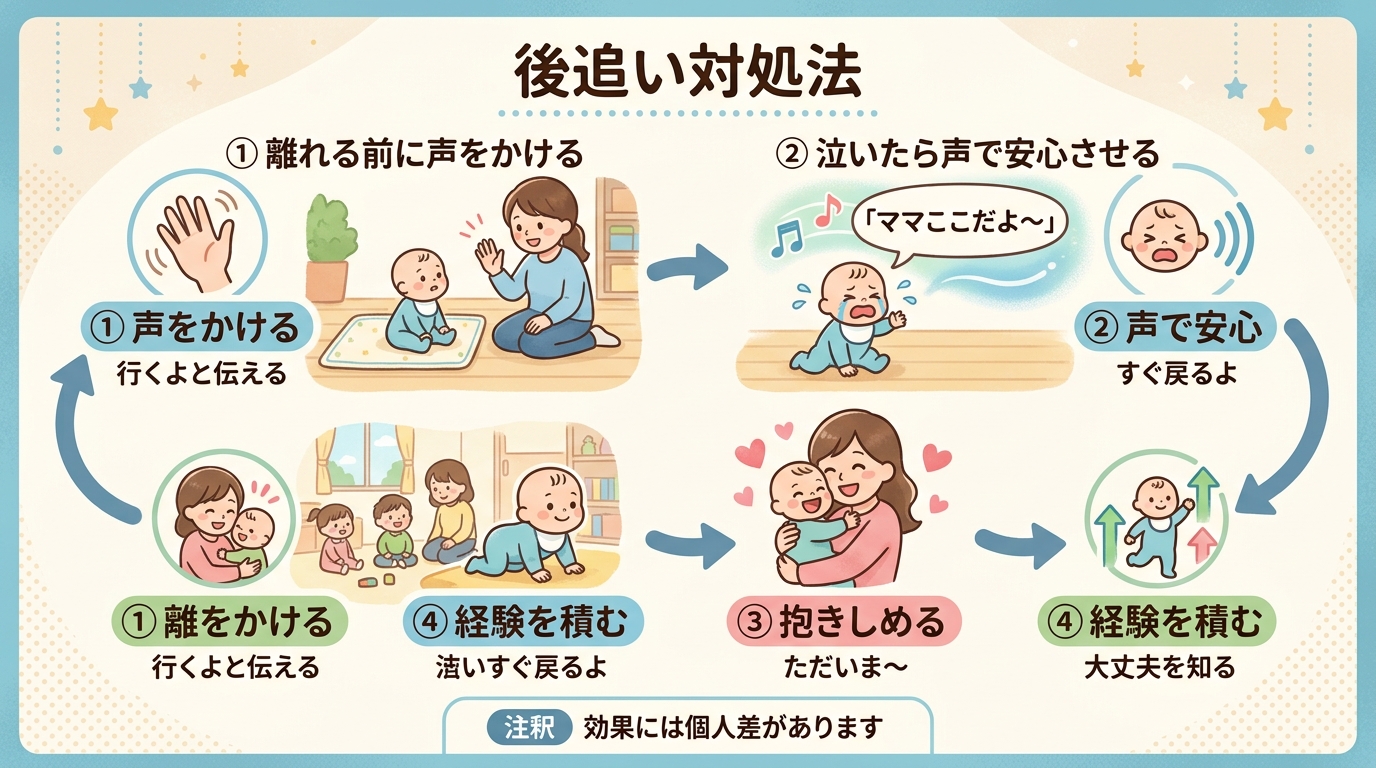 後追い対処法の4ステップフロー図。「①離れる前に声をかける」→「②泣いたら声で安心させる」→「③戻ったら抱きしめる」→「④繰り返して経験を積む」の矢印付きステッ...