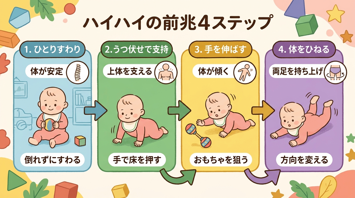 ハイハイの前兆4ステップ図解。「ひとりすわりが安定」「うつ伏せで上体を支える」「おもちゃへ手を伸ばし体が傾く」「両足を持ち上げ体をひねる」の4つのステップを日本...