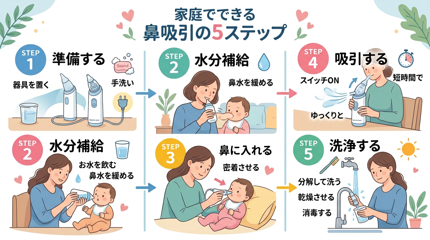 鼻吸い器を使った家庭での鼻吸引の5ステップ手順を示したイラスト。画像内のすべてのテキスト・ラベル・見出しは自然な日本語で書くこと。ただしツール名・ブランド名・サ...
