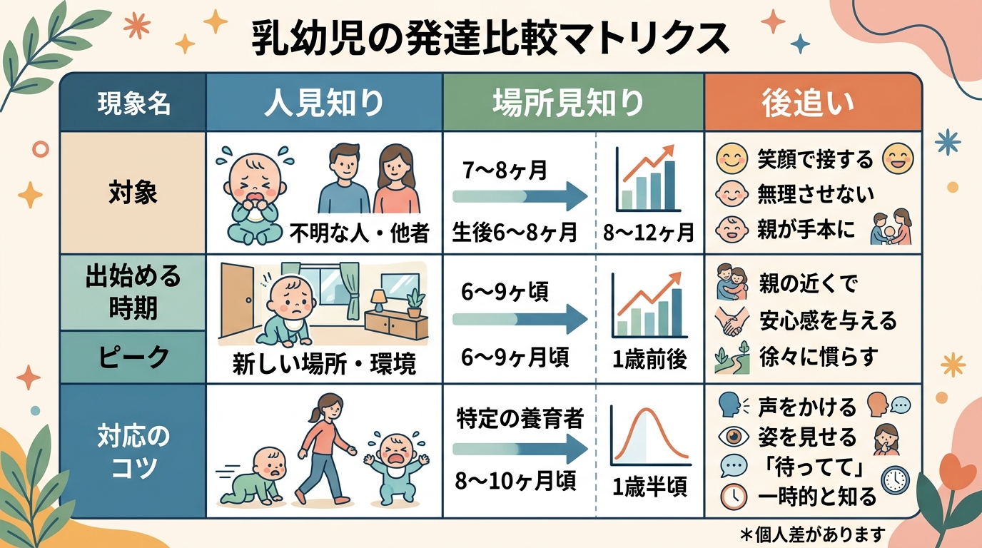 人見知り・場所見知り・後追いの3項目を比較するマトリクス図。縦に「現象名」、横に「対象」「出始める時期」「ピーク」「対応のコツ」の4列。各セルに日本語ラベル付き...