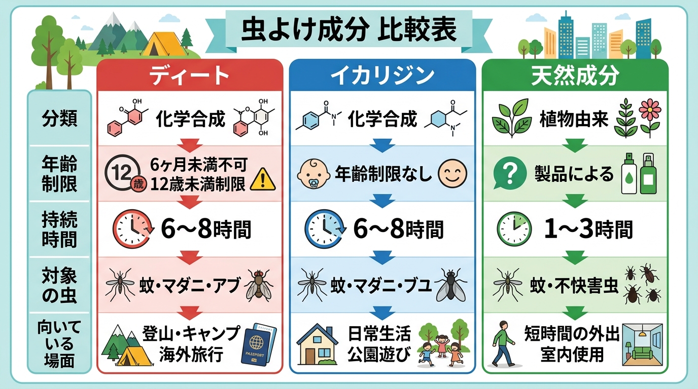 ディート・イカリジン・天然成分の比較表イラスト。3列に「分類」「年齢制限」「持続時間」「対象の虫」「向いている場面」の5行ラベルを配置した表形式。日本語表記で、...