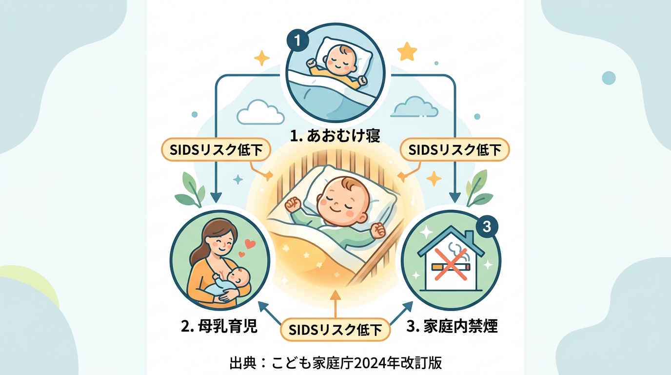 Sidsリスクを下げる3つのポイントを示すインフォグラフィック。中央に赤ちゃんのイラスト、周囲に3つの円形アイコン「1.あおむけで寝かせる」「2.母乳育児を続け...