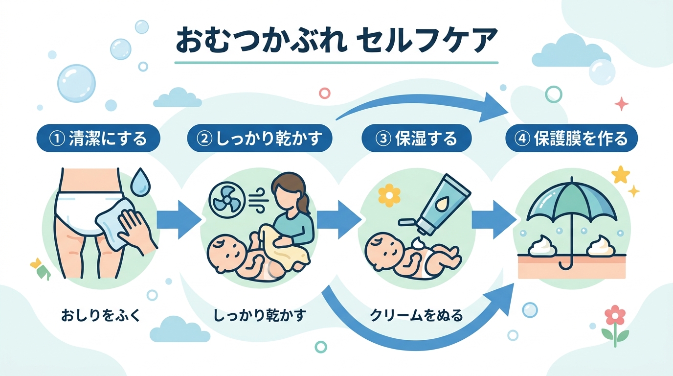 おむつかぶれセルフケア4ステップフロー図。「清潔にする」→「しっかり乾かす」→「保湿する」→「保護膜を作る」の矢印付きステップ。各ステップにアイコンと日本語ラベ...