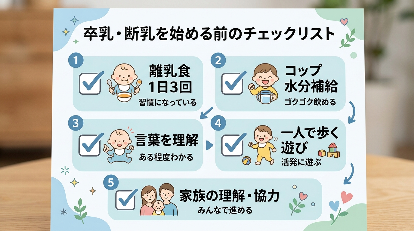 卒乳・断乳を始める前のチェックリスト図。「1日3回の離乳食が習慣になっている」「コップやマグで水分がとれる」「言葉をある程度理解してきた」「一人で歩ける・遊びの...