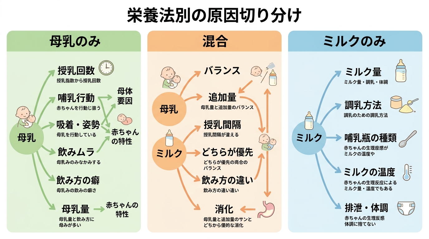 栄養法別の原因切り分けフロー図（16:9）。左から「母乳のみ」「混合」「ミルクのみ」の3列、各列に主な原因を矢印で示す。日本語ラベル「授乳回数・哺乳行動」「母乳...
