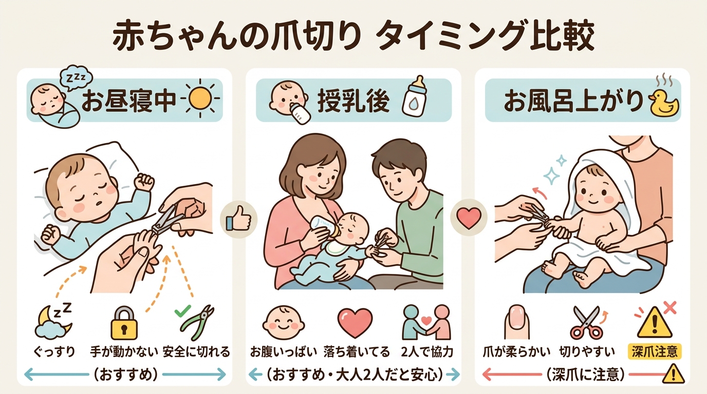 赤ちゃんの爪切りに向いたタイミングを比較するイラスト。「お昼寝中（おすすめ）」「授乳後（おすすめ・大人2人だと安心）」「お風呂上がり（深爪に注意）」の3場面を並...