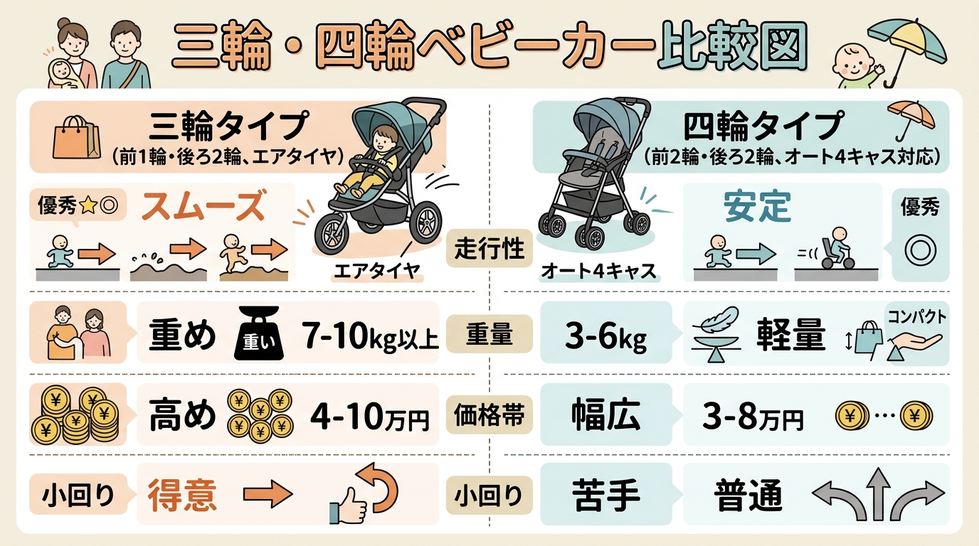 三輪と四輪のベビーカー比較図。左側に三輪（前1輪・後ろ2輪、エアタイヤ）、右側に四輪（前2輪・後ろ2輪、オート4キャス対応）を配置。各タイプの「走行性」「重量」...
