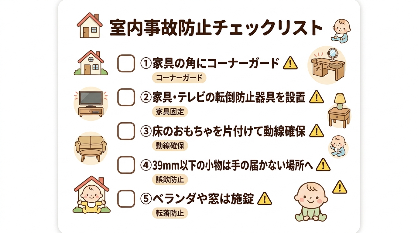 室内事故防止チェックリストの図解。「①家具の角にコーナーガード」「②家具・テレビの転倒防止器具」「③床のおもちゃで足を取られない動線確保」「④39mm以下の小物...