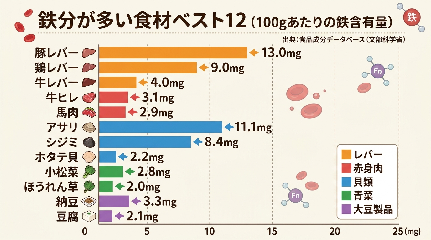鉄分が多い食材ベスト12を100gあたりの鉄含有量で示す横棒グラフ。レバー、赤身肉、貝類、青菜、大豆製品をカテゴリ別に色分け、出典『食品成分データベース（文部科...