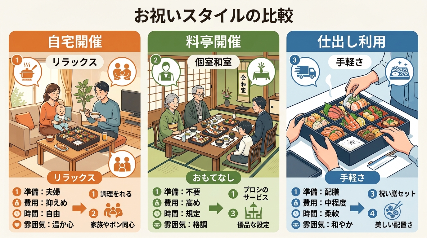 3つの開催スタイルを横並びに比較したイラスト。左パネル「自宅開催」：リビングで夫婦と赤ちゃんが祝い膳を囲む温かいシーン。中央パネル「料亭開催」：個室の和室で祖父...